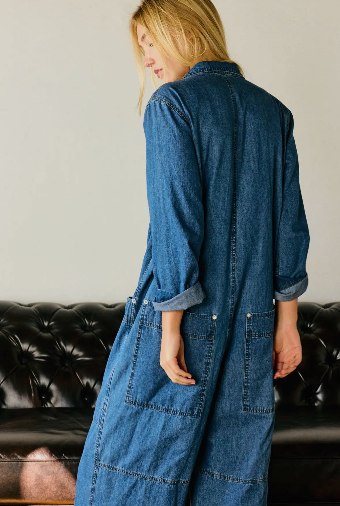 Collared Neck Button Fly Relaxed
Denim Jumpsuit