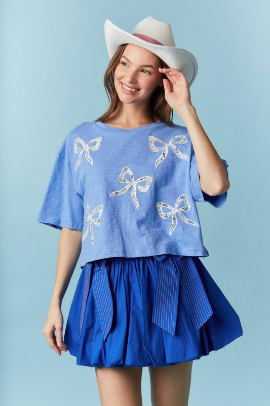 Lace Bow Detail Blue Tee