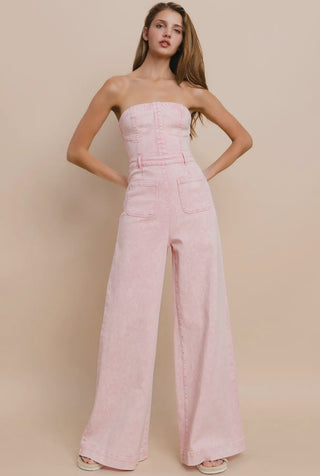 Boho Mineral Wash Wide Leg Denim Jumpsuit
