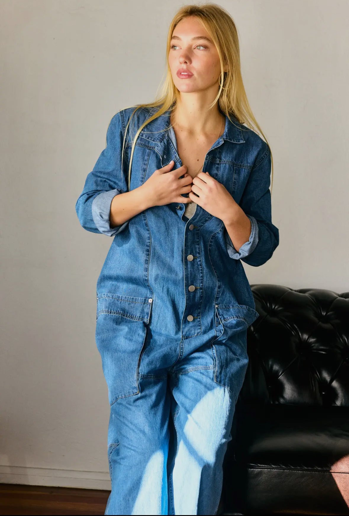 Collared Neck Button Fly Relaxed
Denim Jumpsuit