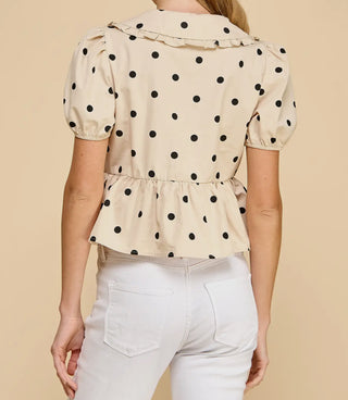 Polka Dot Ruffled Peter Pan Collar Puff Sleeve Top Beige