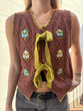 Hand-Embroidered Cable Knit Sweater Vest with Bow Tie