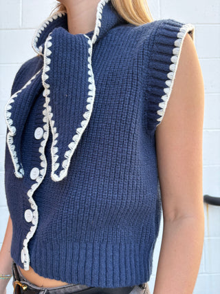 Boho Button-Down Sweater Vest with Tie-Neck Detail