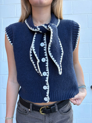 Boho Button-Down Sweater Vest with Tie-Neck Detail