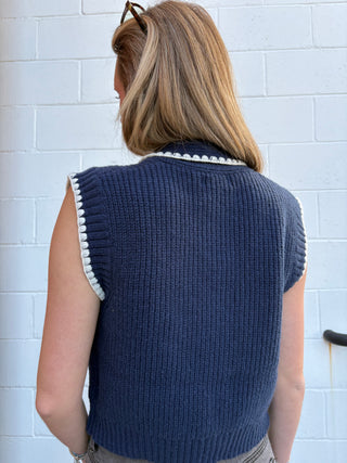 Boho Button-Down Sweater Vest with Tie-Neck Detail