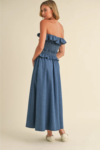 Ruffled Strapless Denim Midi Dress with Pockets