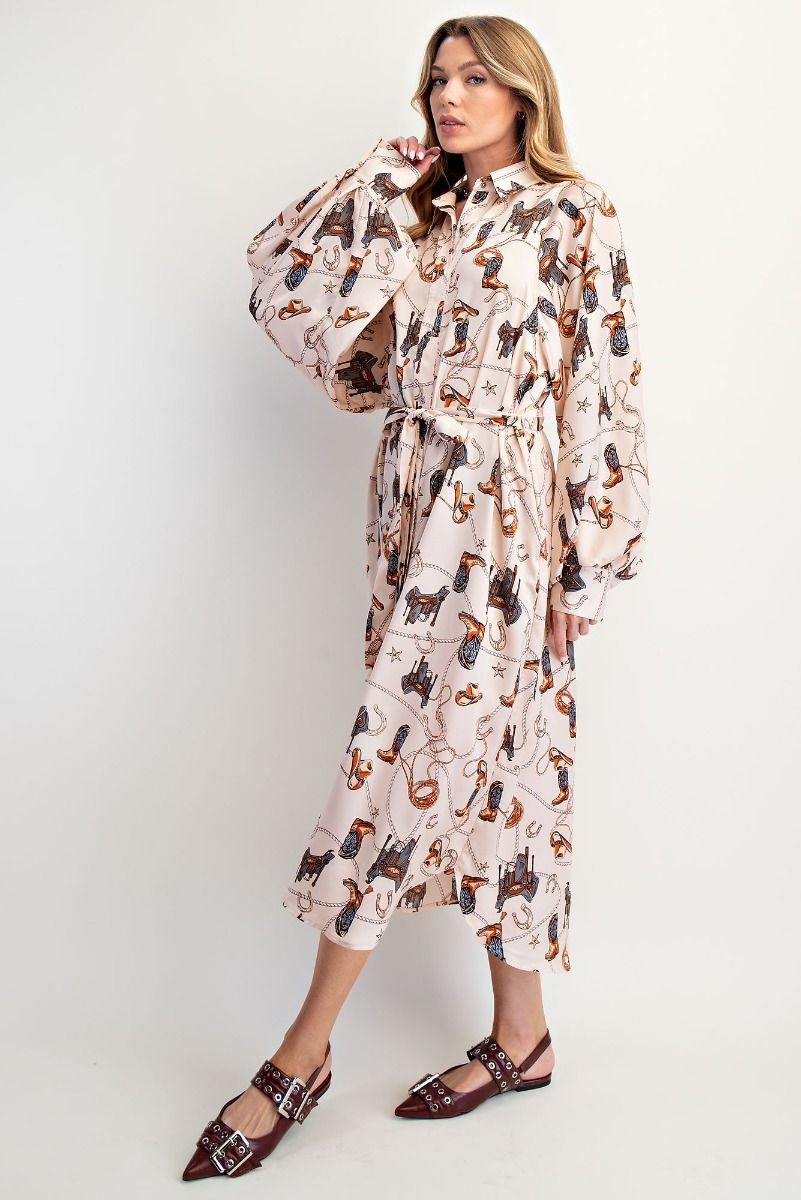 Western Printed Mirabelle Satin Button Down Shirt Dress