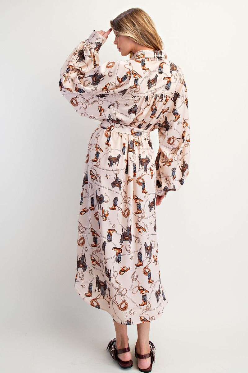 Western Printed Mirabelle Satin Button Down Shirt Dress