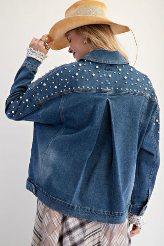 PEARL DETAILING STRETCH DENIM JACKET