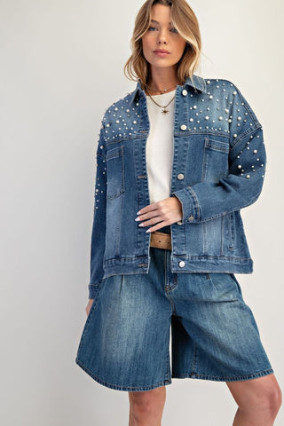 PEARL DETAILING STRETCH DENIM JACKET