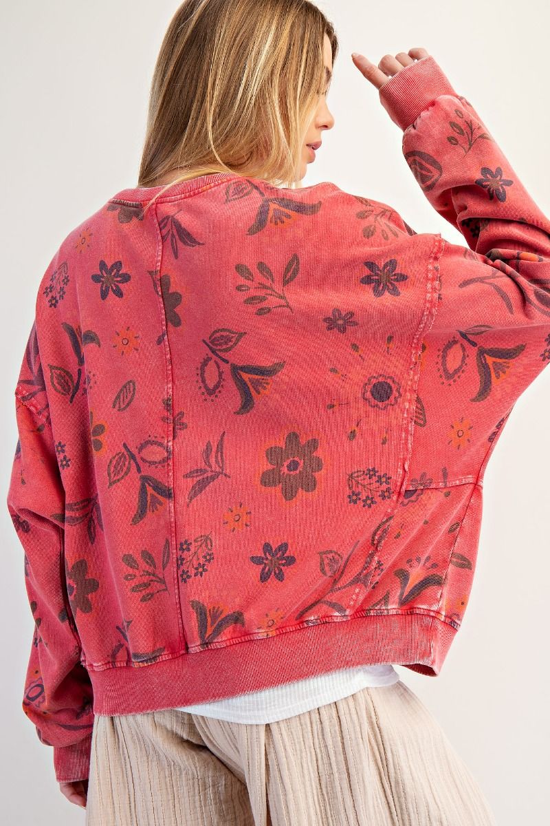 FLORAL PRINT WASHED TERRY PULLOVER