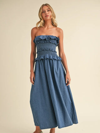 Ruffled Strapless Denim Midi Dress with Pockets