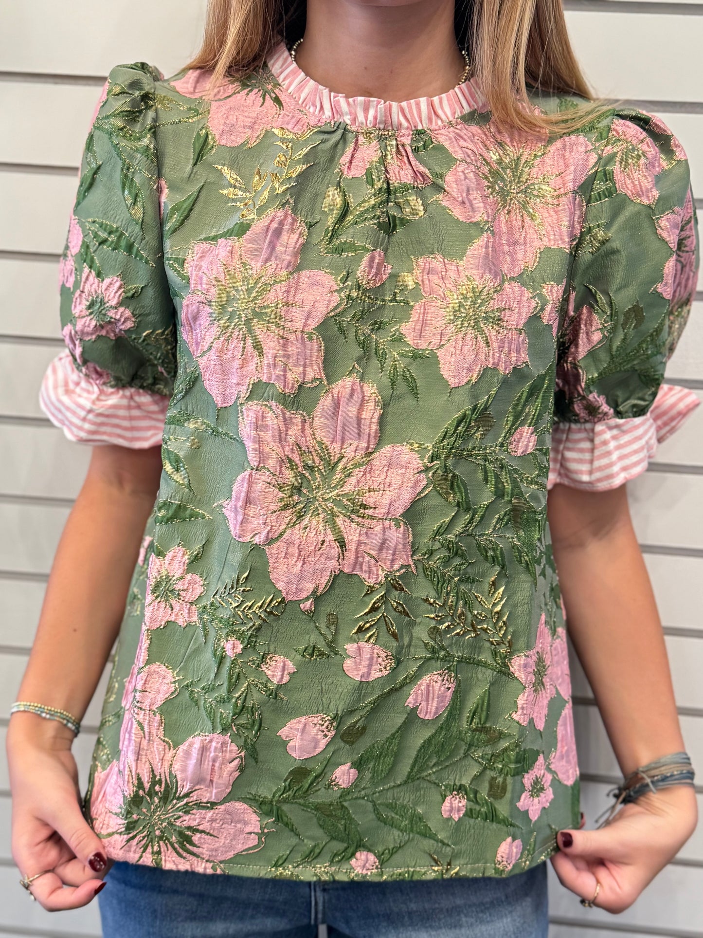 Striped Ruffle Detailed Floral Jacquard Top