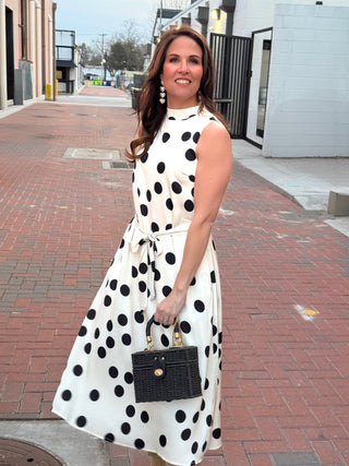 Polka Dot Mock Neck Self Tie Waist Midi Dress