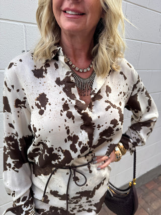 Cowhide Print Western Button Down Shirt