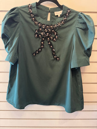 Embellished Bow Puff sleeve top hunter green 