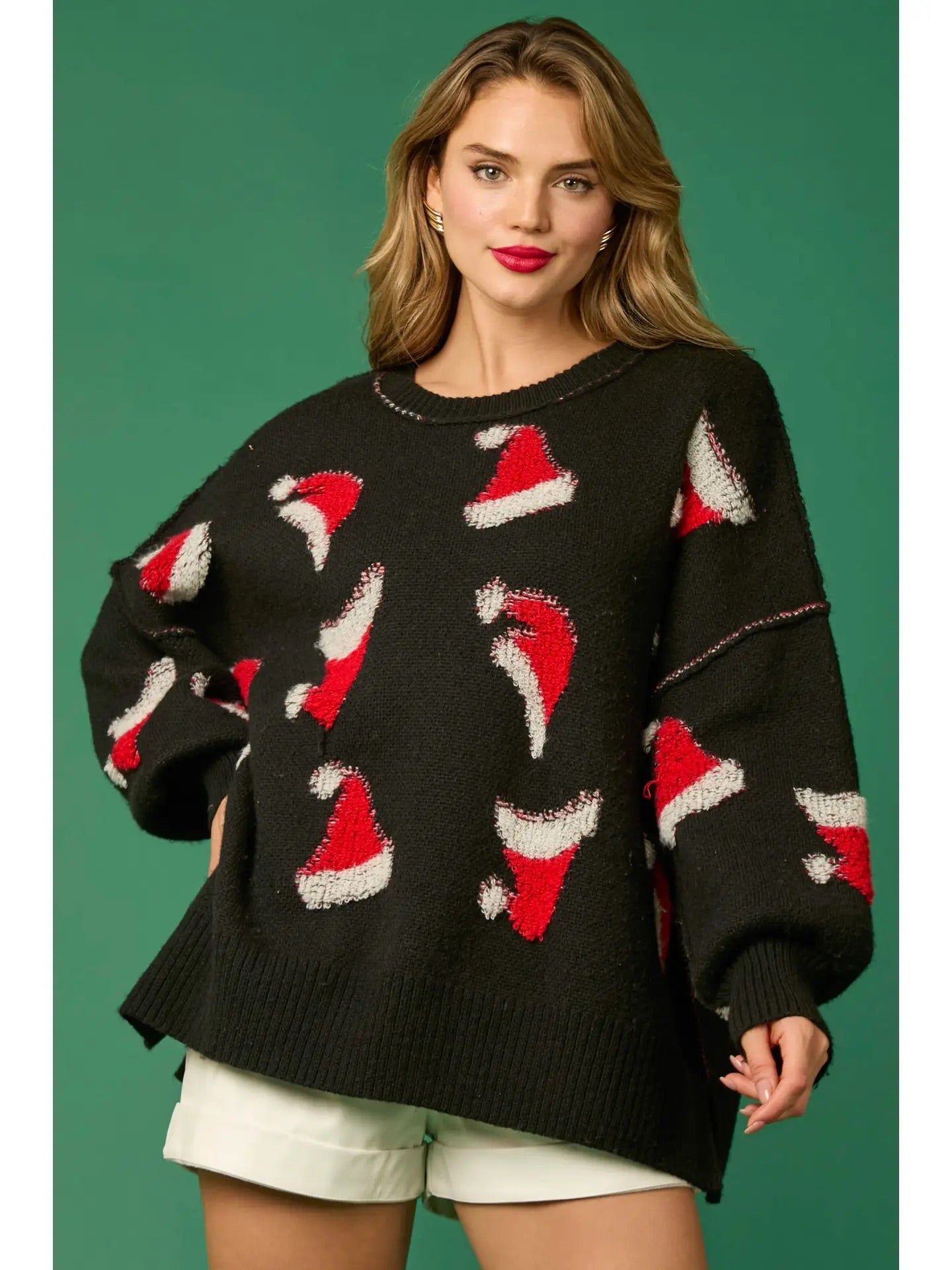 GREEN KNIT SWEATER W/ SANTA HATS