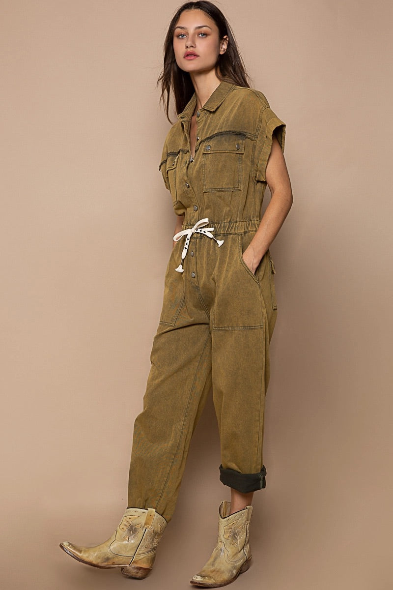 Waist Drawstring Rolled Short Sleeve Pocket Collar Jumpsuit