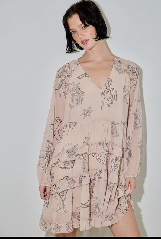 Western print Flowy Tiered Mini Dress