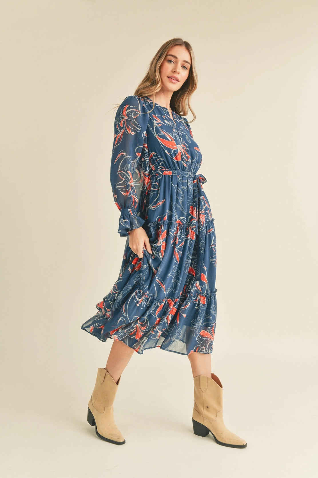 Print Tiered Button Down Midi Dress