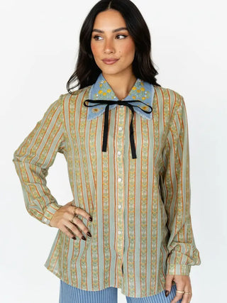 Floral Stripe Denim Collar Pearl Snap Top