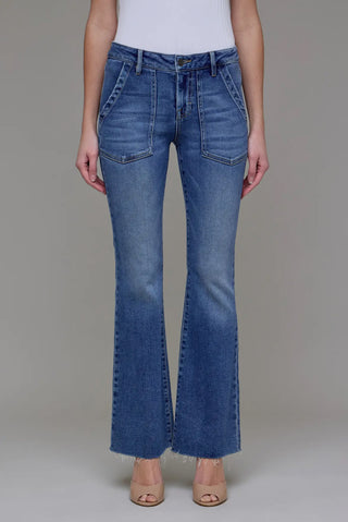 Medium Dark Mid-Rise Utility Pocket Flare Jeans