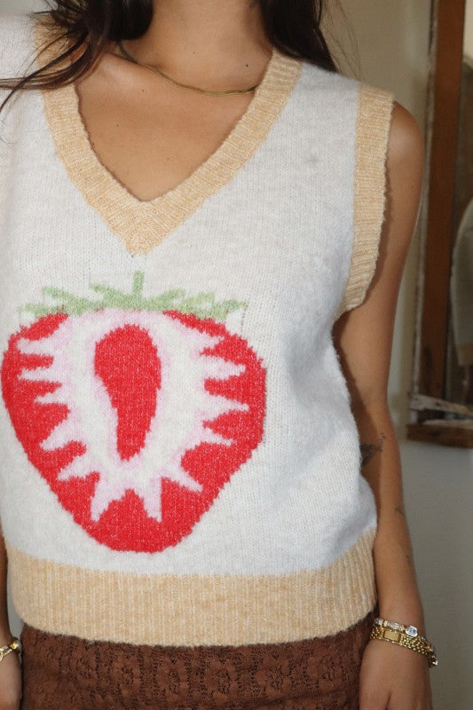 Strawberry V-Neck Sweater Vest - Oatmeal