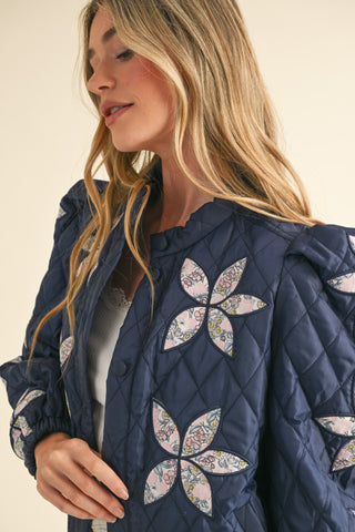QUILTED JACKET WITH FLORAL PATCHWORK NAVY