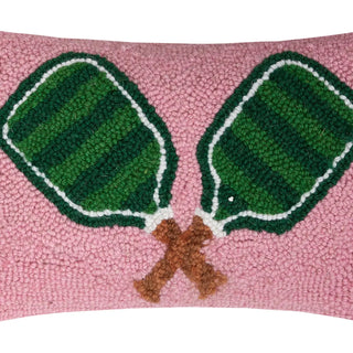 Pickleball decor, wool hooked pillow, pickleball gift, green sports pillow, small lumbar cushion, court sports home decor, luxury pickleball accessory, paddle sports gift.