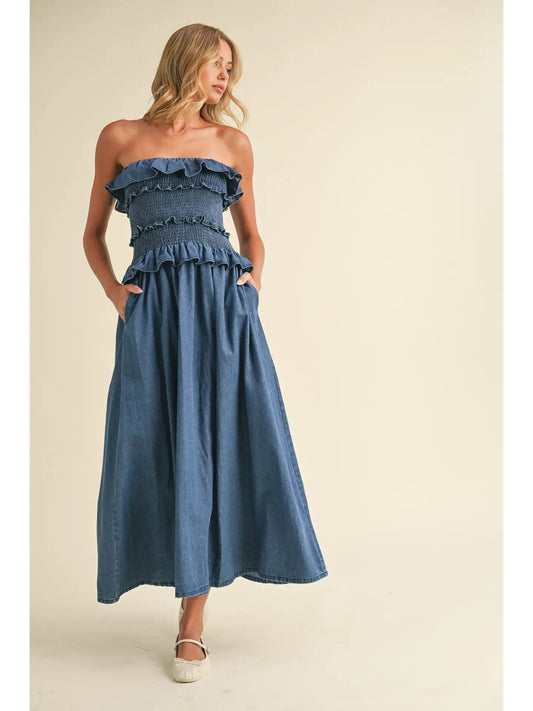 Ruffled Strapless Denim Midi Dress with Pockets