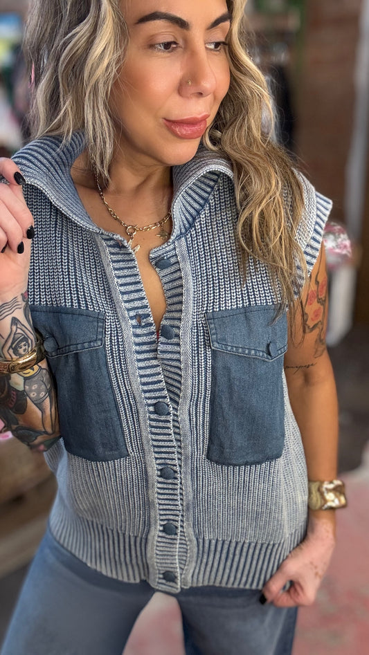 Washed Sweater Vest with Contrast Detail