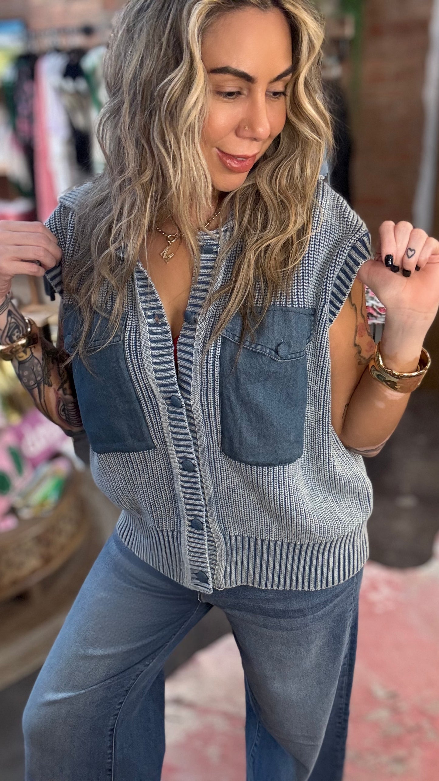 Washed Sweater Vest with Contrast Detail