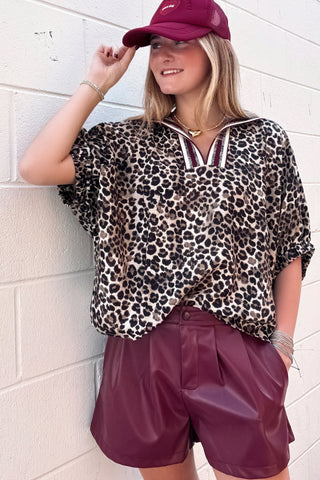 Leopard Print High-Neck Dolman Top