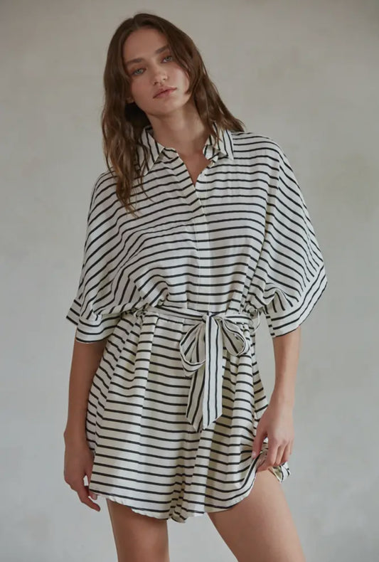 Woven Cotton Rayon Striped
Waist Tie Flare Romper