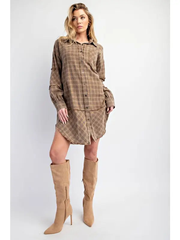 Mineral Washed Oversized Shirt Dress MOCHA