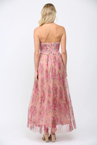 Floral Mesh Pleated Maxi Dress in Blush Pink