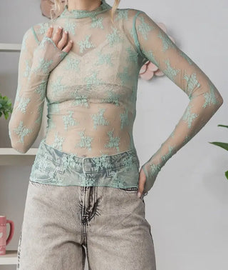 Lace Long Sleeve See Through Top