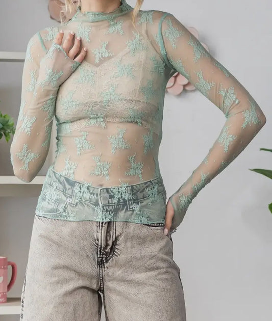 Lace Long Sleeve See Through Top