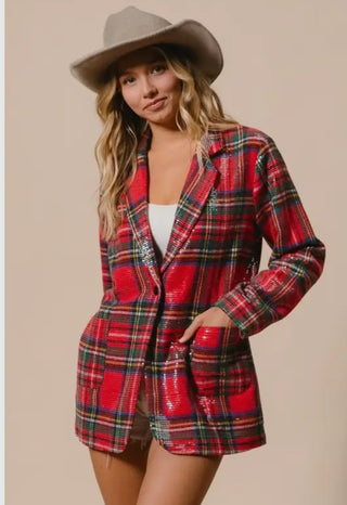 Festive Cheer Sequin Plaid Button-Up Jacket