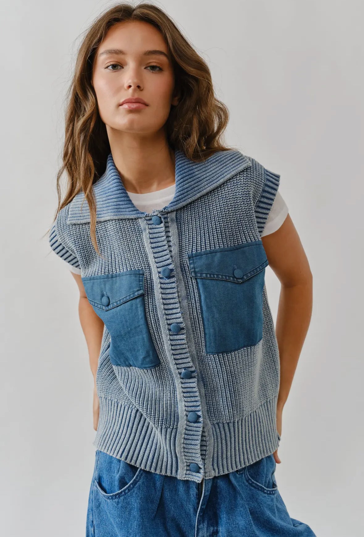 Washed Sweater Vest with Contrast Detail