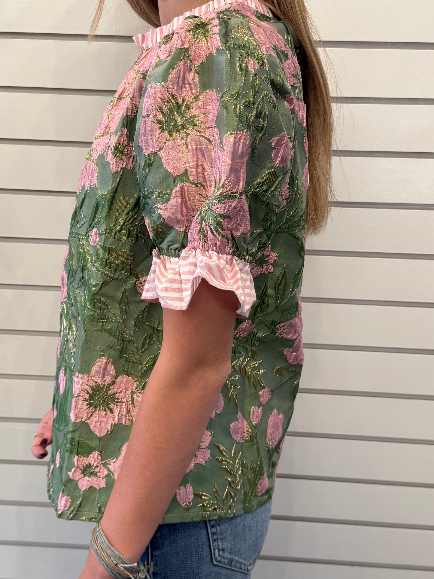 Striped Ruffle Detailed Floral Jacquard Top