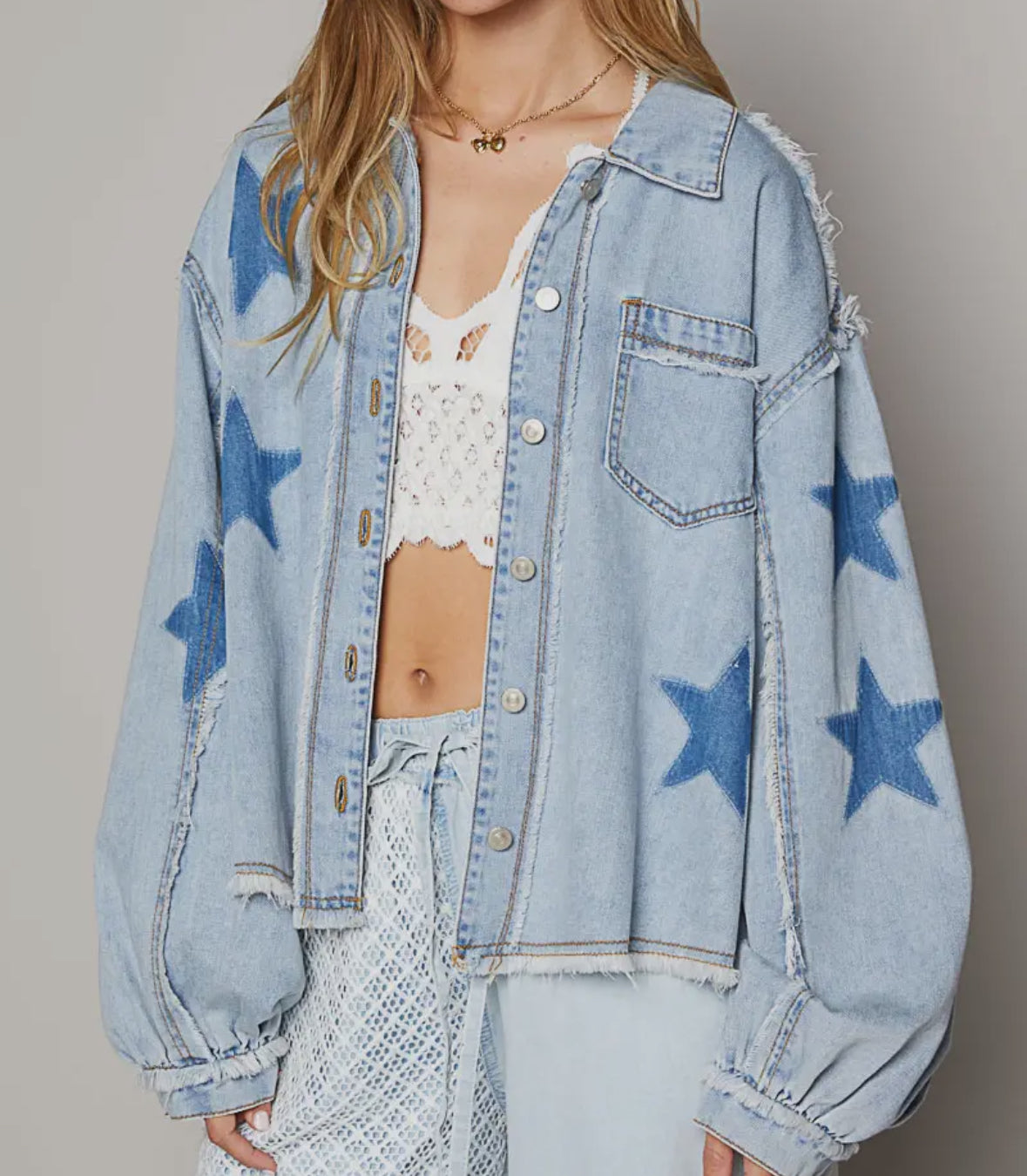 Oversized star print raw edge Denim Shackleton