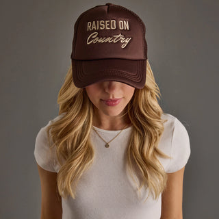 raised on contry trucker hat, brown trucker  hat rodeo hat