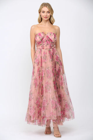 Floral Mesh Pleated Maxi Dress in Blush Pink