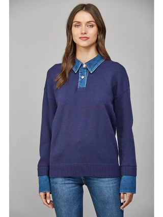 This chic top perfectly masters the popular layered look without the bulk. The soft, cozy sweater body is knit from a comfortable blend of 42% Acrylic, 28% Polyamide, and 30% PBT, ensuring lightweight warmth and excellent shape retention. It features a meticulously detailed, sewn-in denim shirt collar and cuffs (75% Cotton, 23% Polyester, 2% Spandex) peeking out. This two-in-one piece combines the structured polish of a button-down shirt with the cozy comfort of a sweater, creating an instantly put-together
