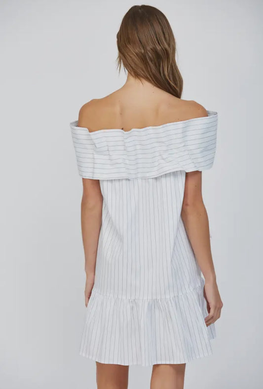 Pin Stripe Big Bow Front Off the Shoulder Mini Dress