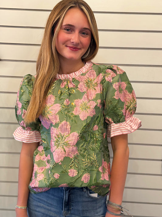 Striped Ruffle Detailed Floral Jacquard Top