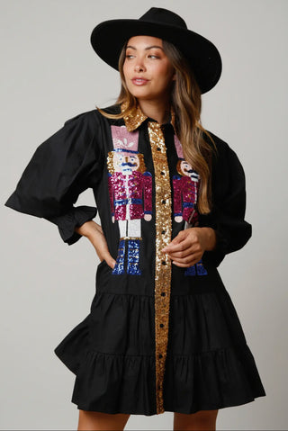 Black Sequin Nutcracker Poplin Mini Dress