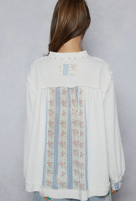 Mock Neck Balloon Sleeve Crochet
Contrast Knit Top