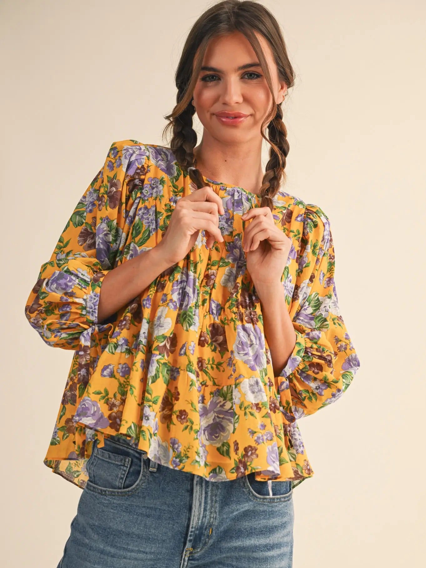 Floral Print Tiered Shirring Top